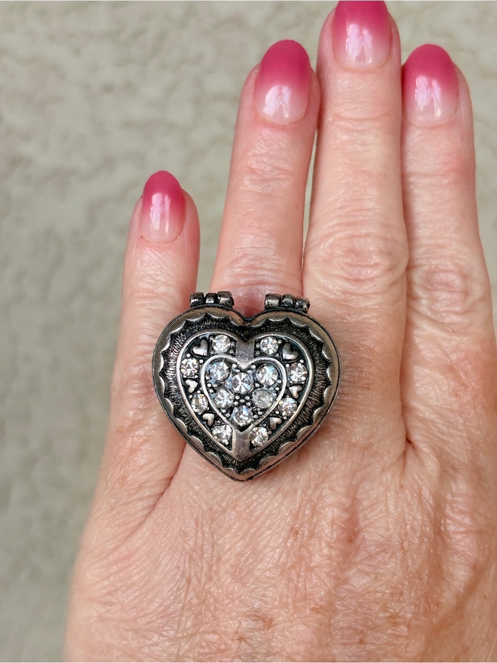 Statement Heart Locket Ring with Clear Crystals - Silver Tone